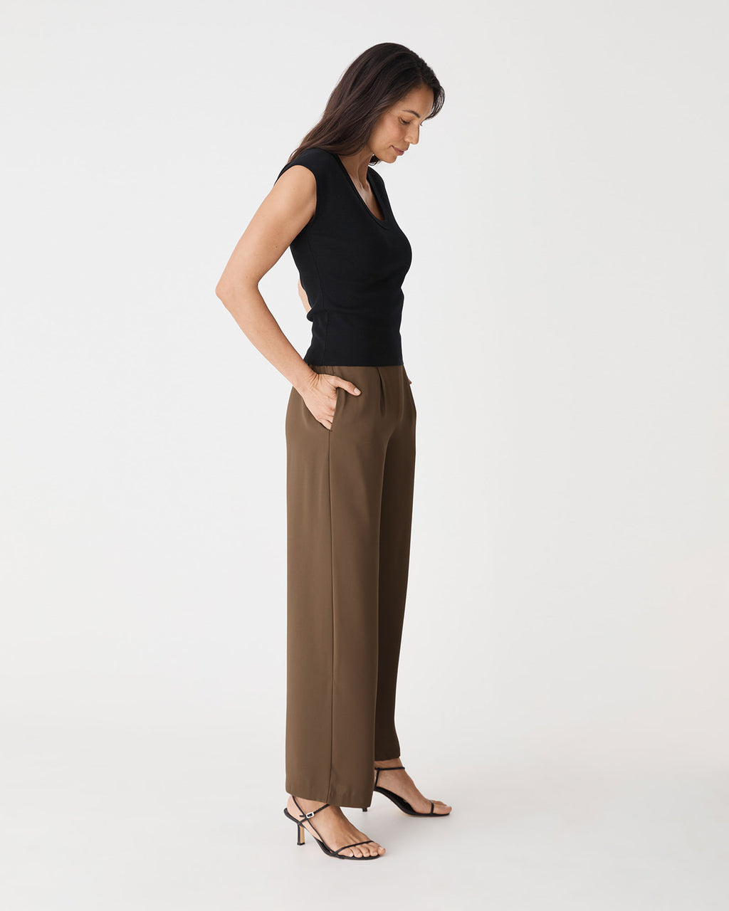 Maggie Elastic Waist Pants in coffee — side view