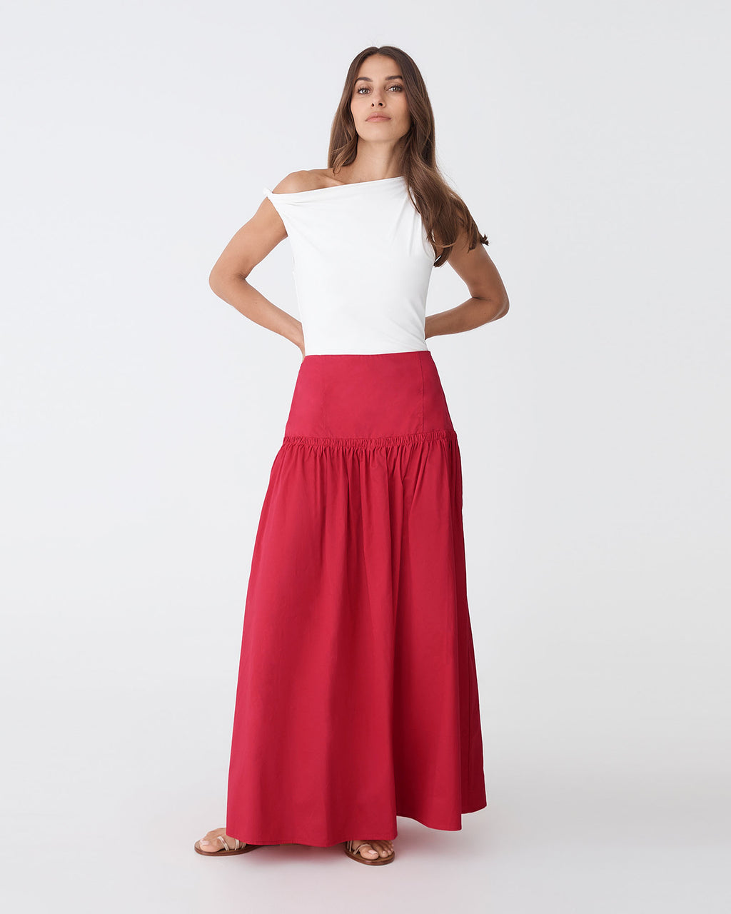 Kayla Cotton Skirt in red — full-length view