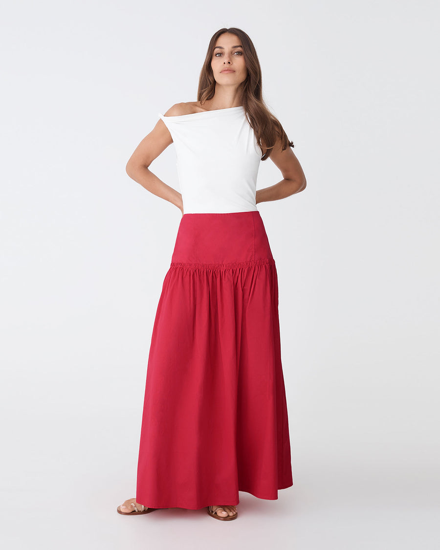Kayla Cotton Skirt in red — full-length view