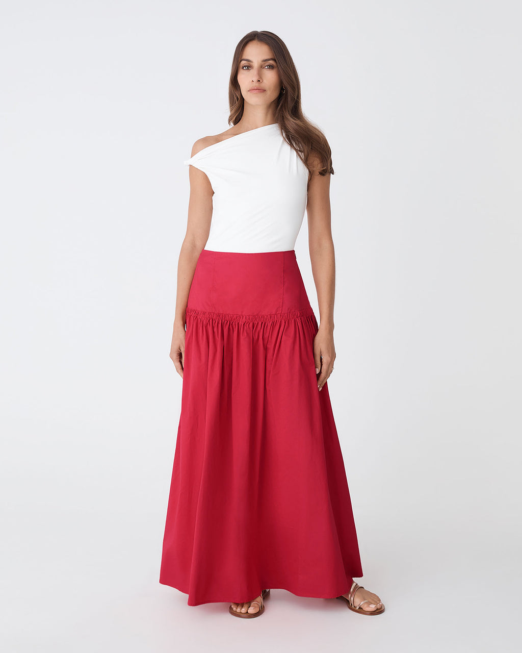 Kayla Cotton Skirt in red — full-length view 2