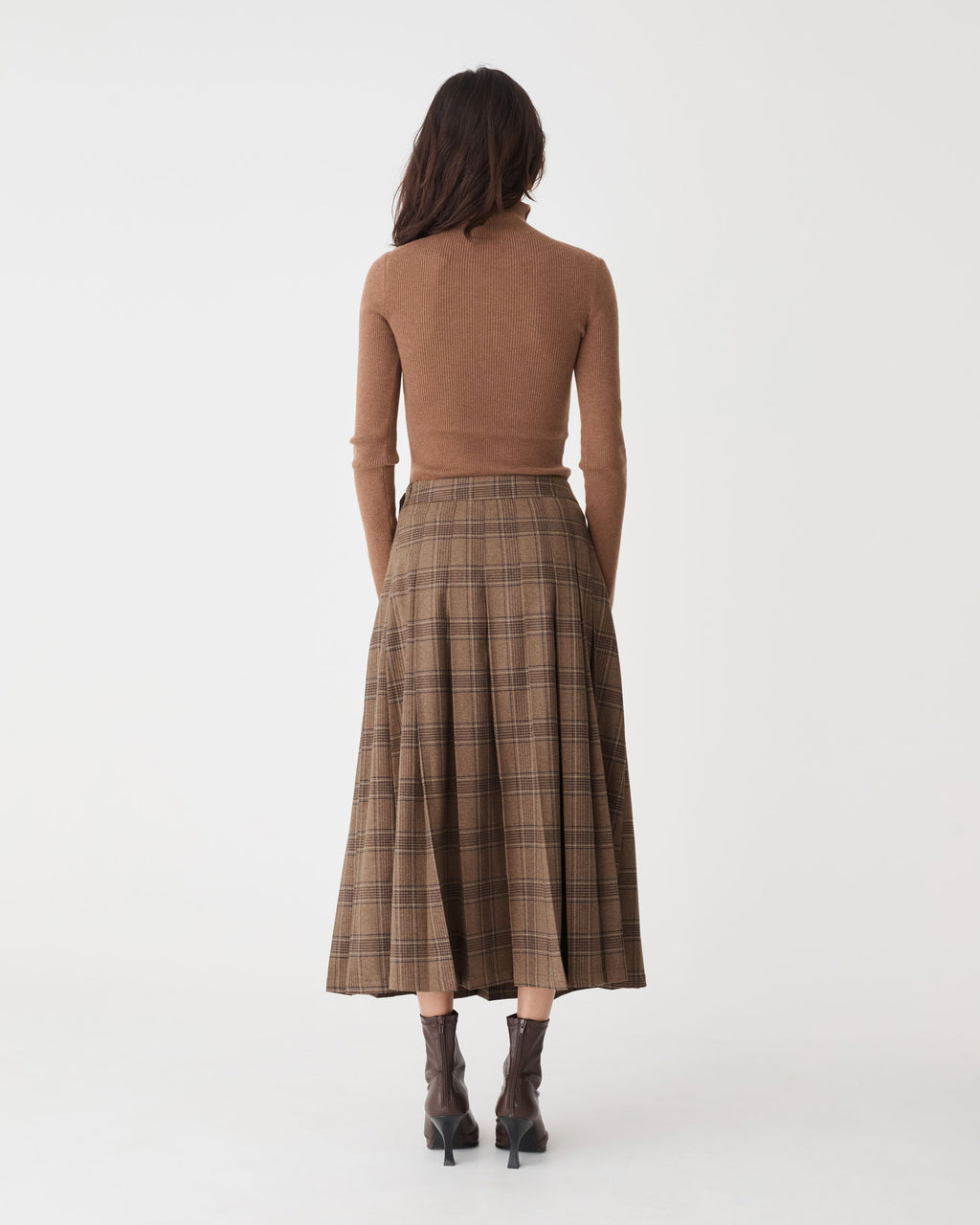 Lani Pleated Check Skirt in camel check — back view