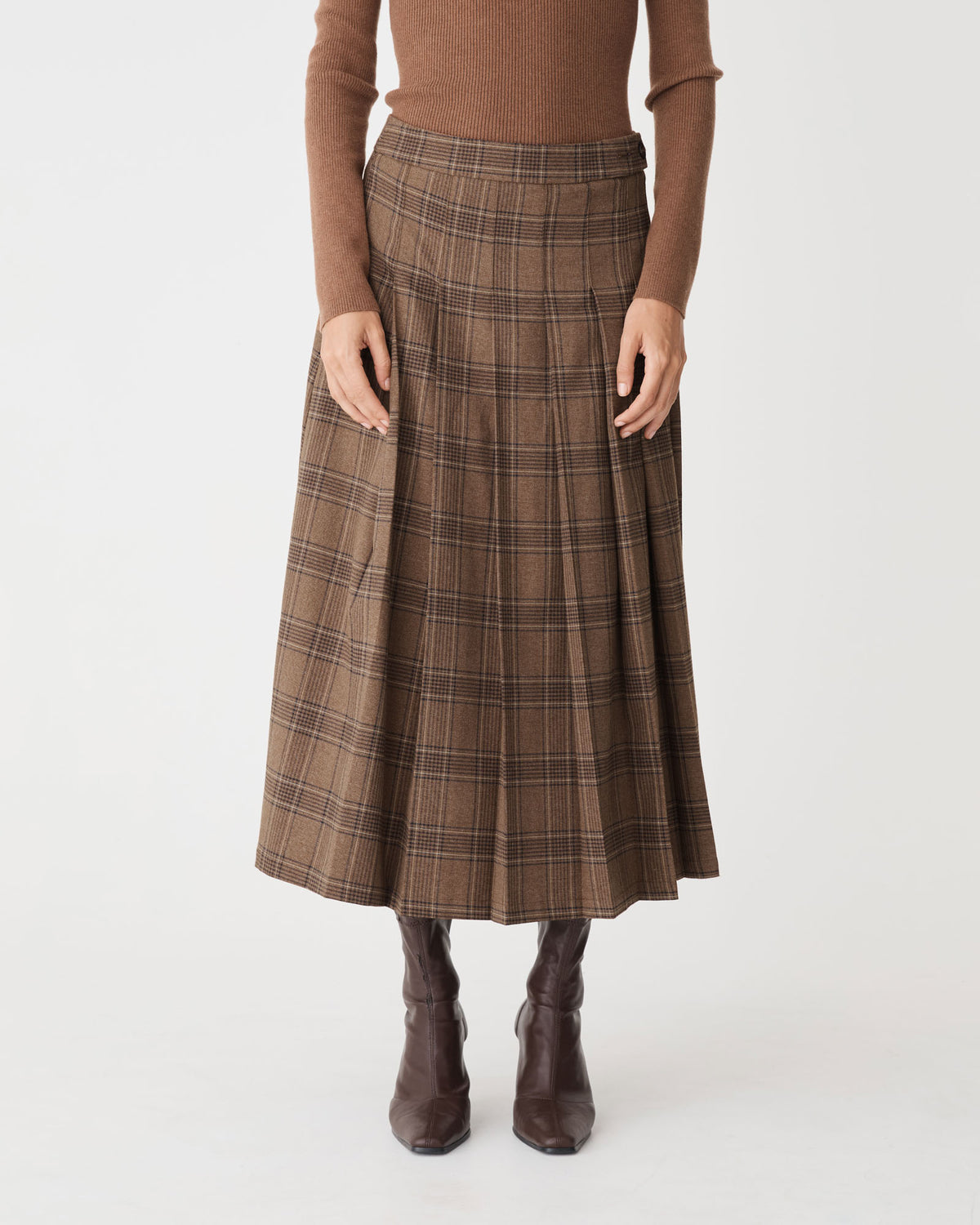 Lani Pleated Check Skirt in camel check — close-up view