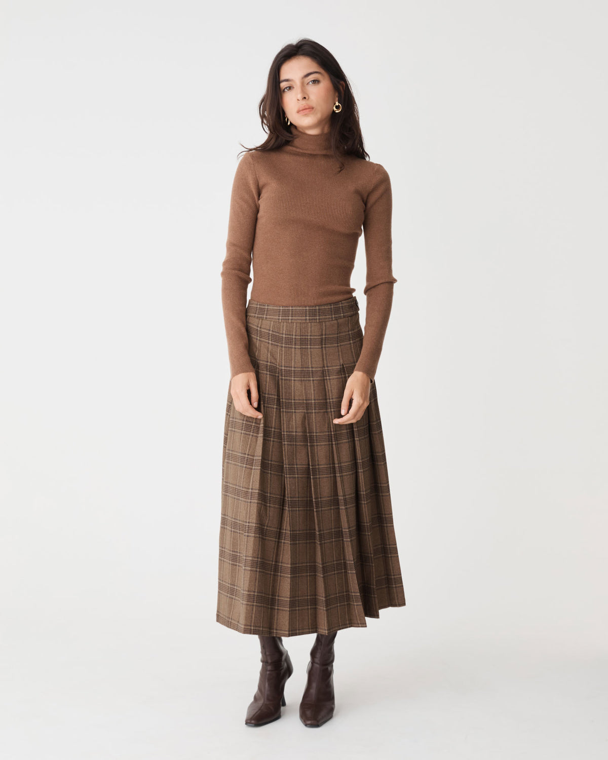 Lani Pleated Check Skirt in camel check — full-length view