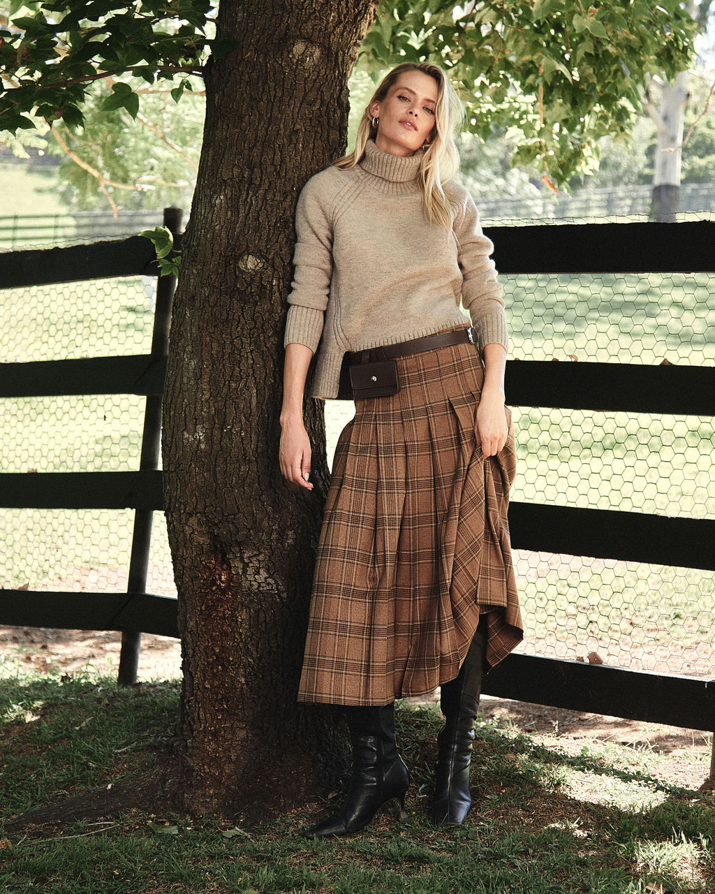 Lani Pleated Check Skirt in camel check — alternate view