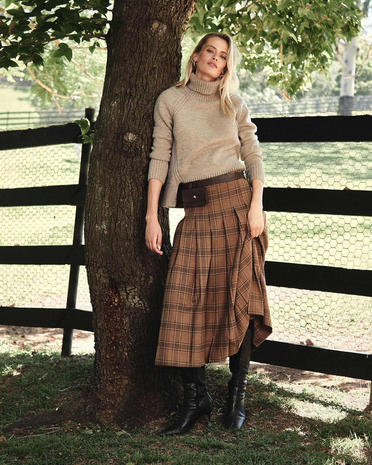 Lani Pleated Check Skirt in camel check — alternate view