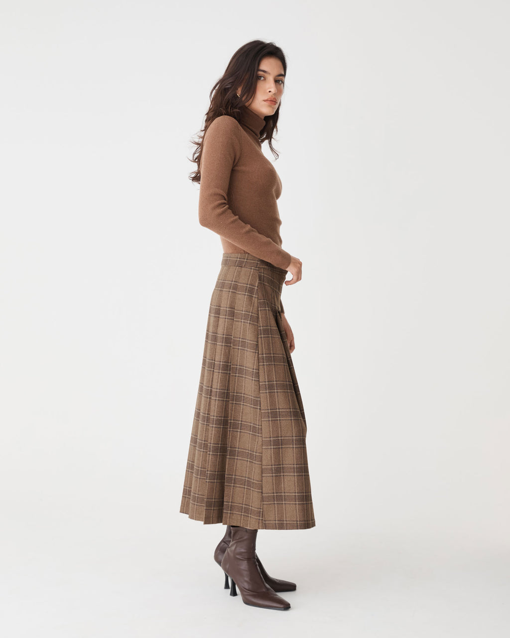 Lani Pleated Check Skirt in camel check — side view