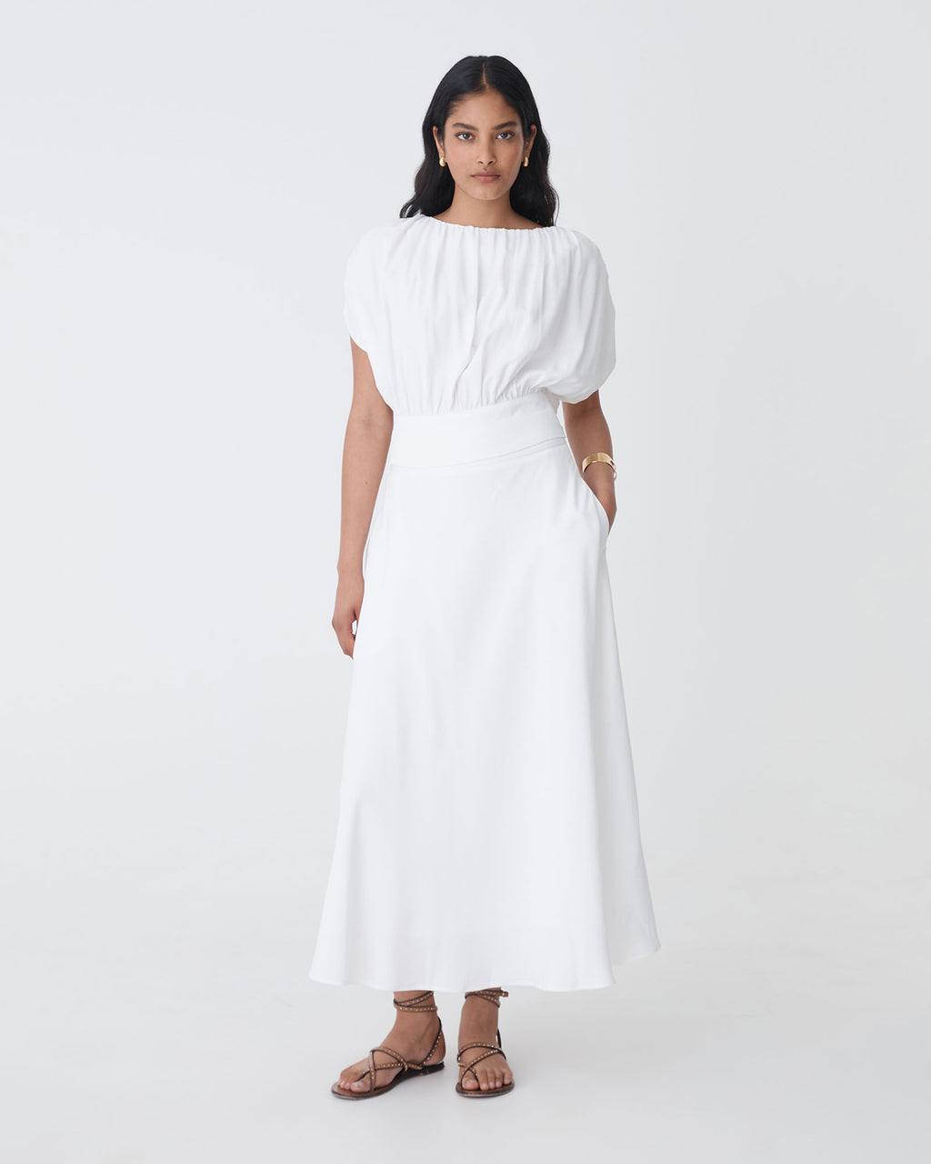 Goulbury A-Line Midi Skirt in ivory — full-length view