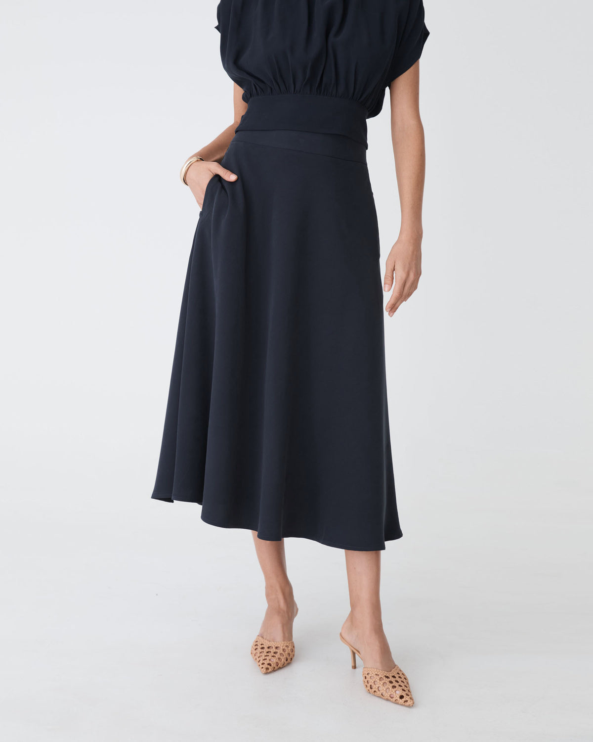 Goulbury A-Line Midi Skirt in navy — close-up view