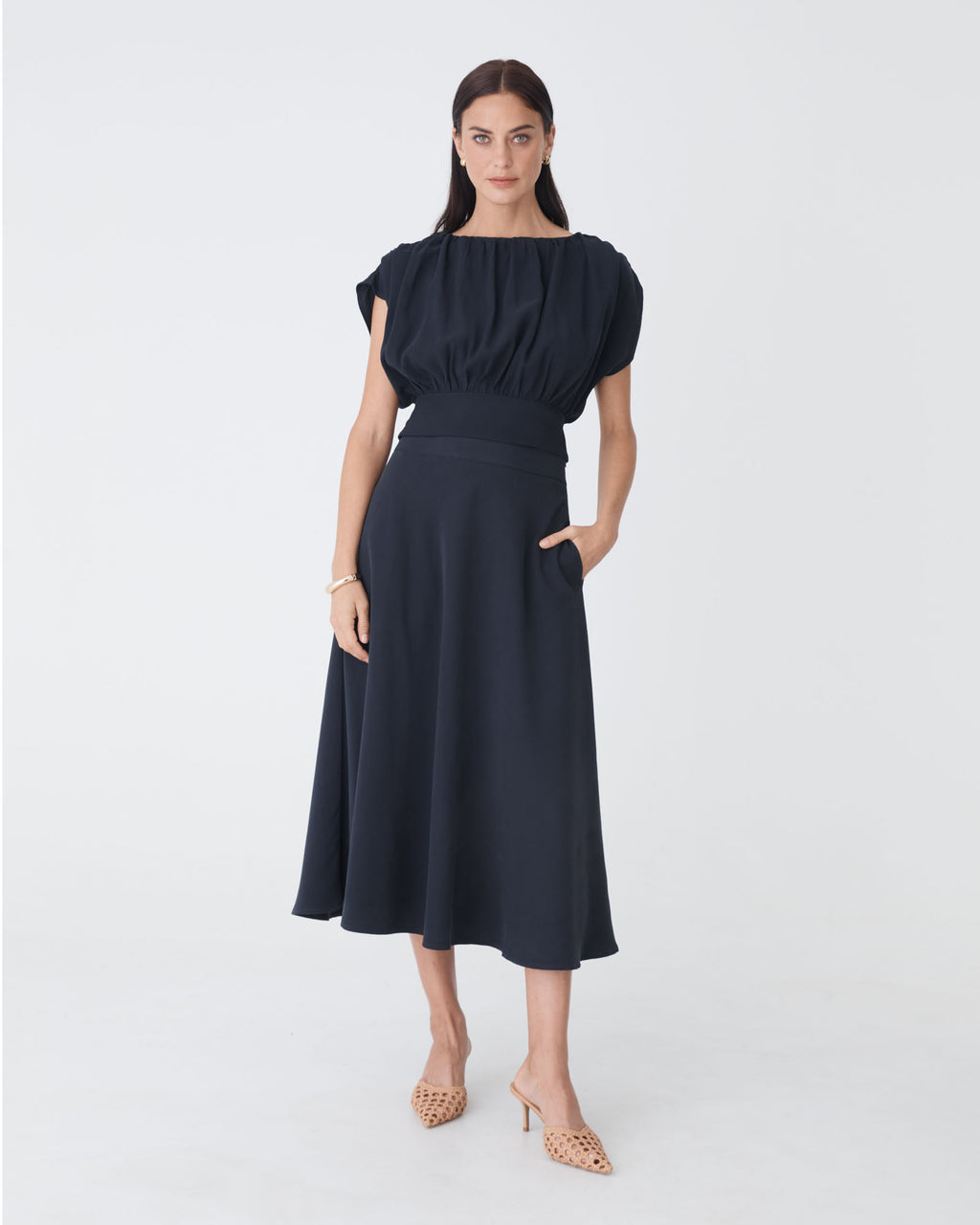 Goulbury A-Line Midi Skirt in navy — full-length view