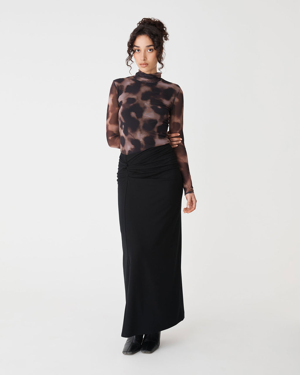 Dasha Ruched Bamboo Skirt in black — full-length view