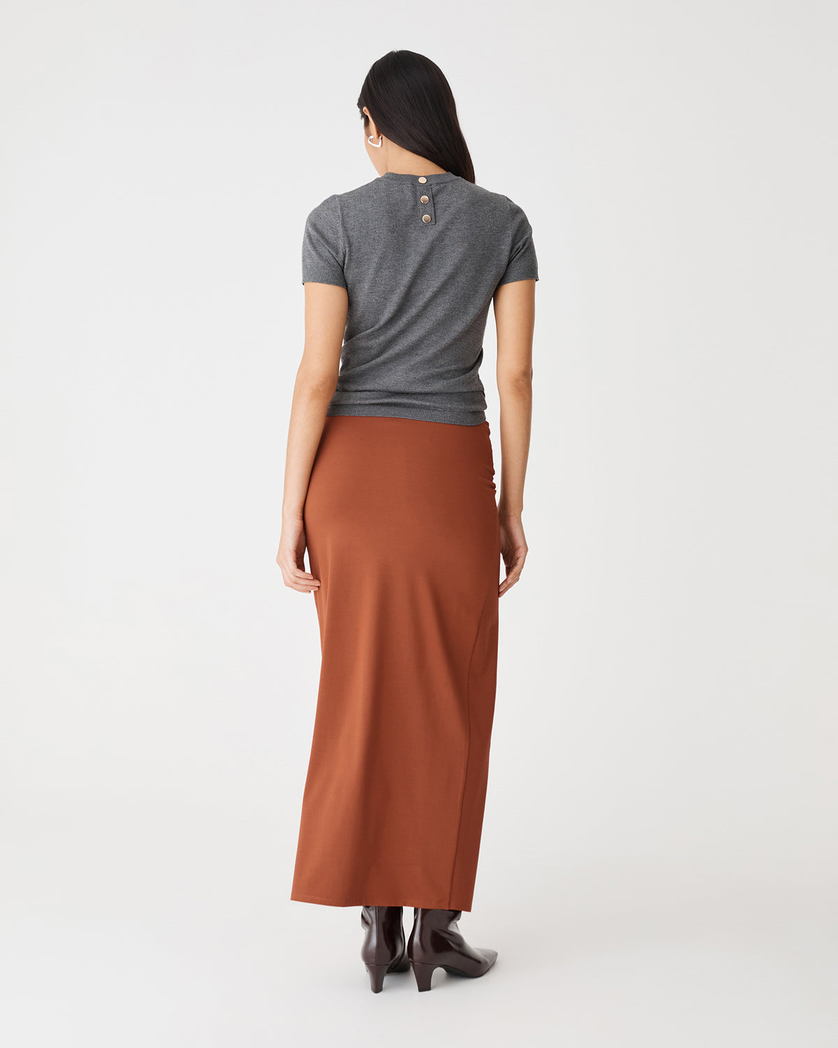 Dasha Ruched Bamboo Skirt in rust — back view