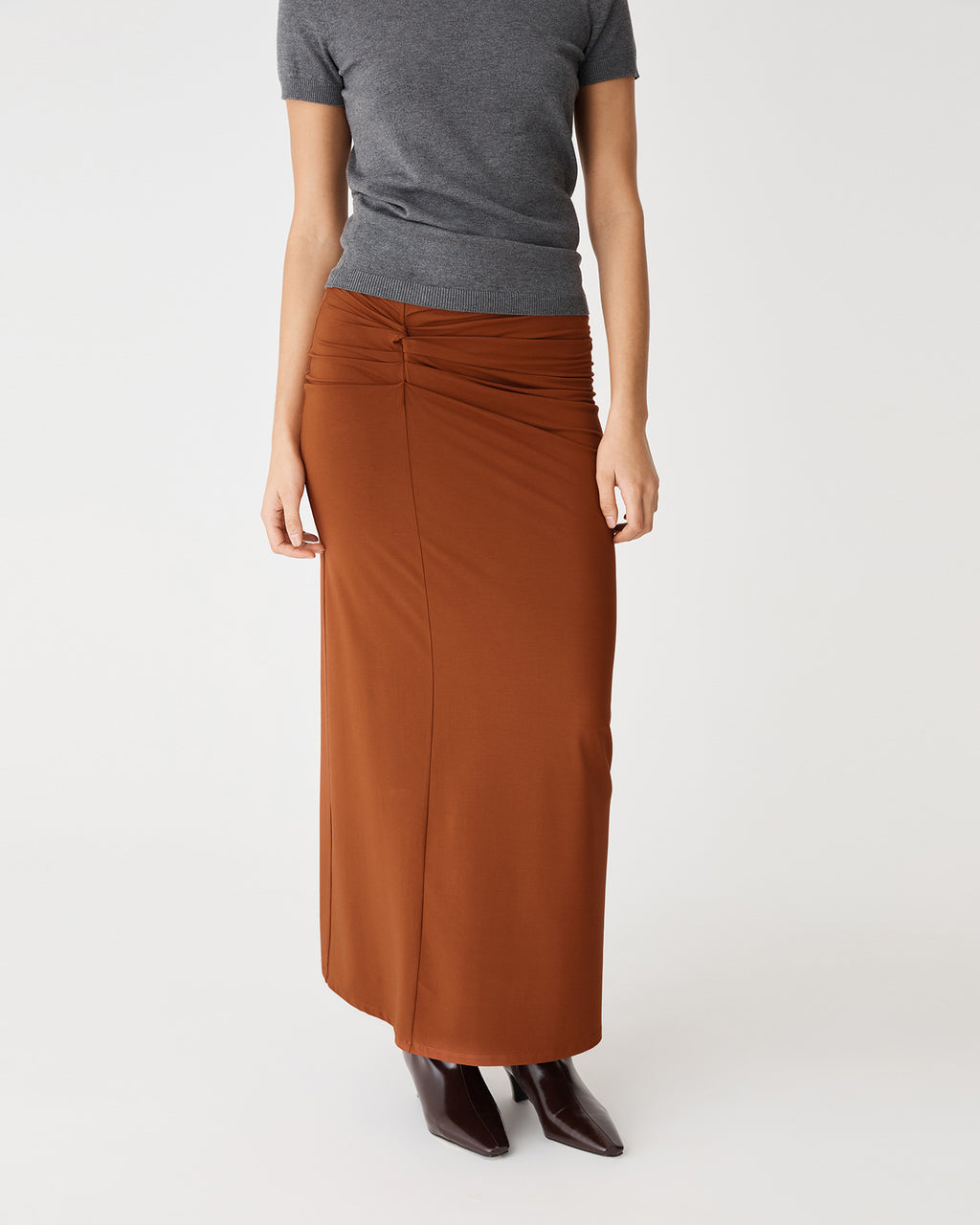 Dasha Ruched Bamboo Skirt in rust — close-up view
