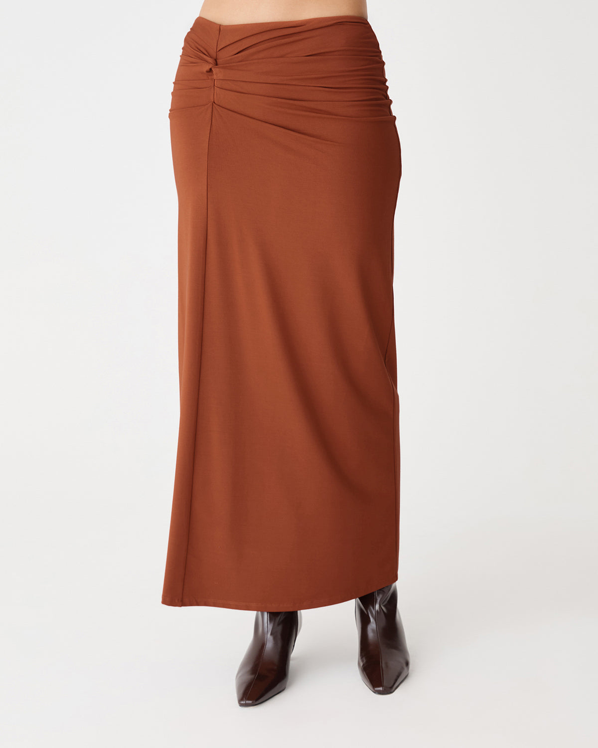 Dasha Ruched Bamboo Skirt in rust — close-up view 2