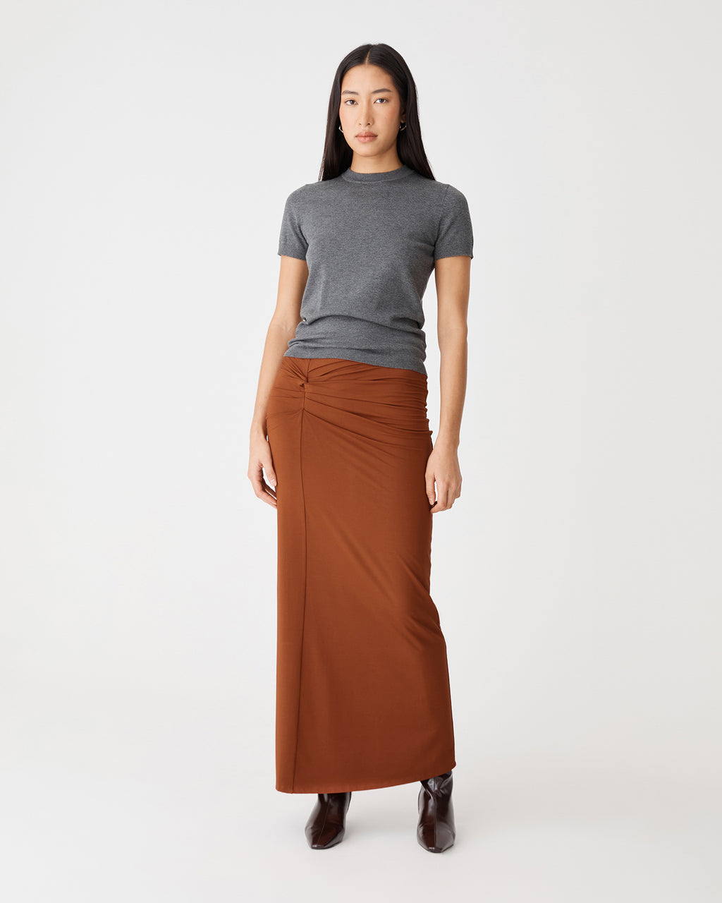 Dasha Ruched Bamboo Skirt in rust — full-length view