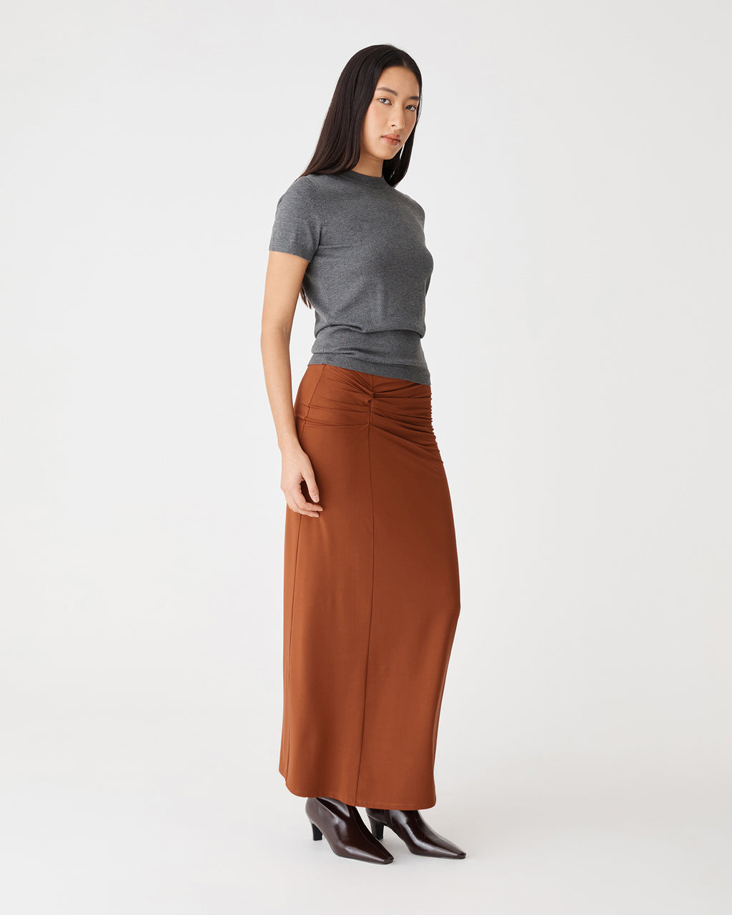 Dasha Ruched Bamboo Skirt in rust — side view