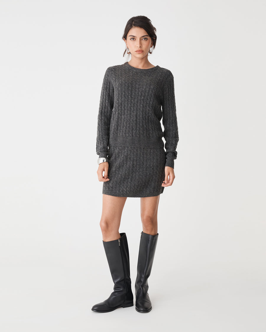 Andie Cable Knit Mini Skirt in charcoal — full-length view