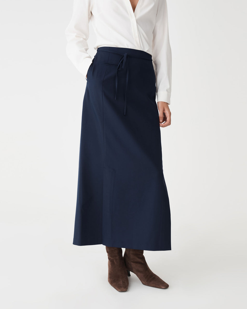 Greta Column Skirt in navy — close-up view