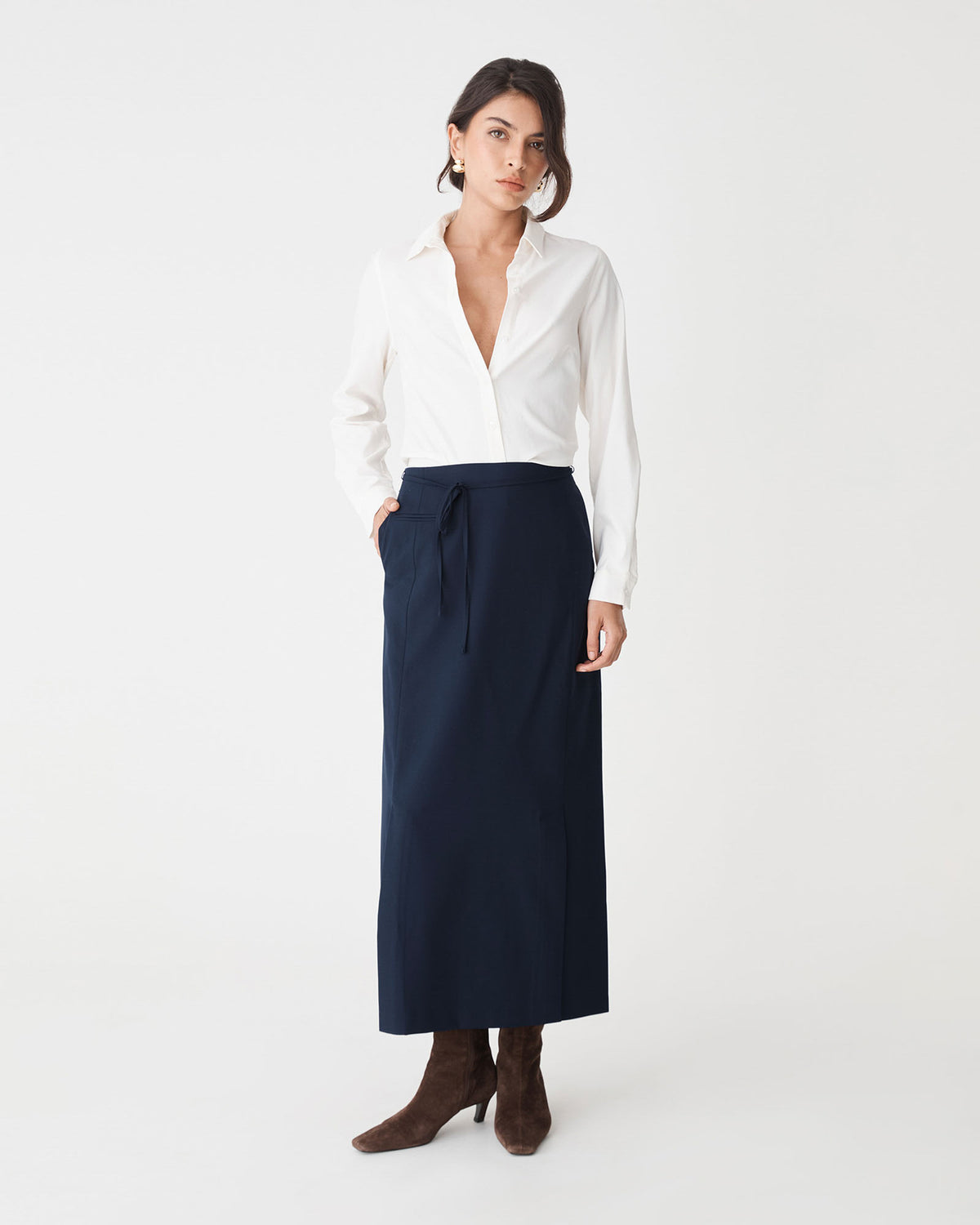 Greta Column Skirt in navy — full-length view