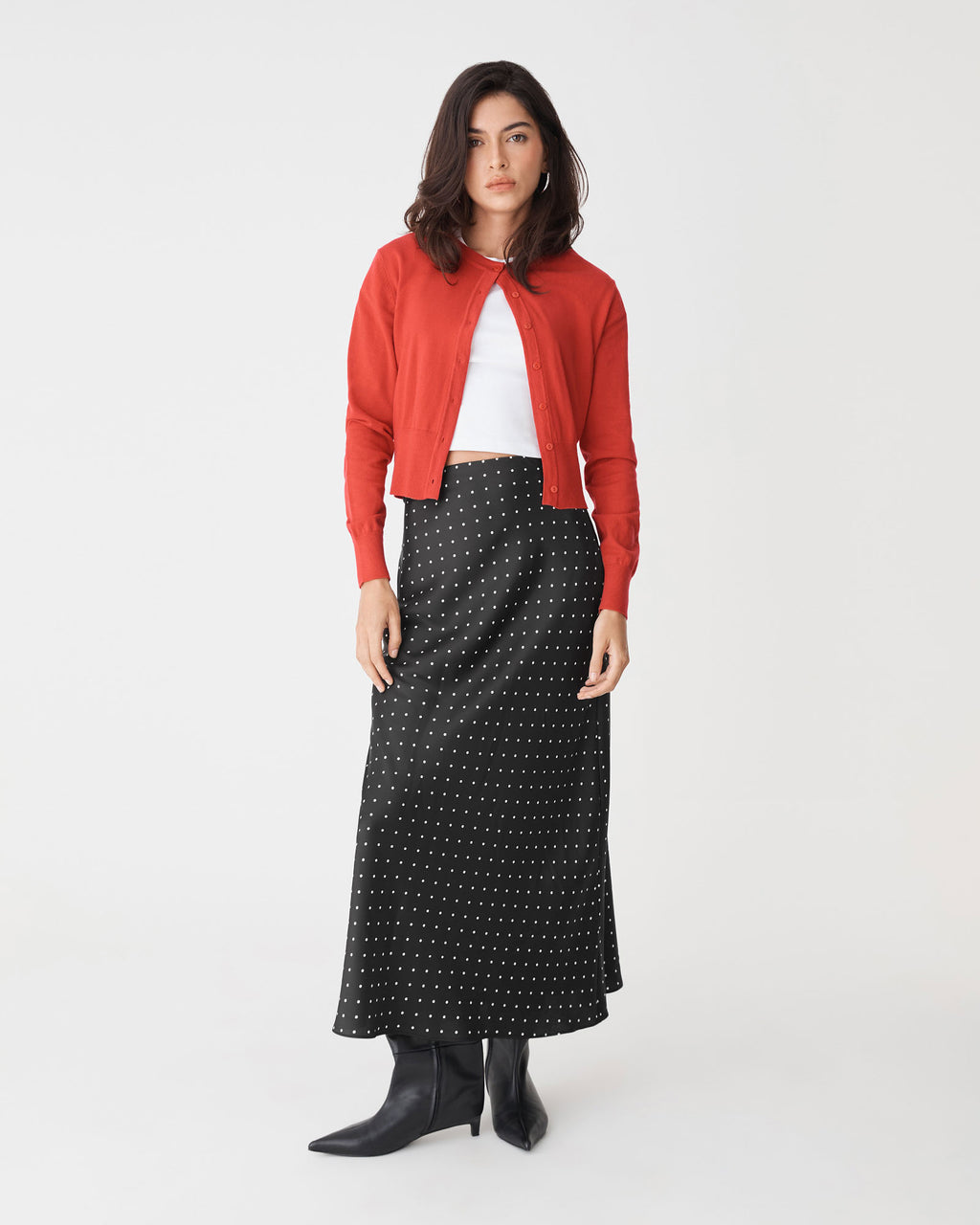 Courtney Bias Satin Skirt in black white dot — full-length view