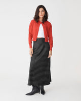 Courtney Bias Satin Skirt in black white dot — full-length view