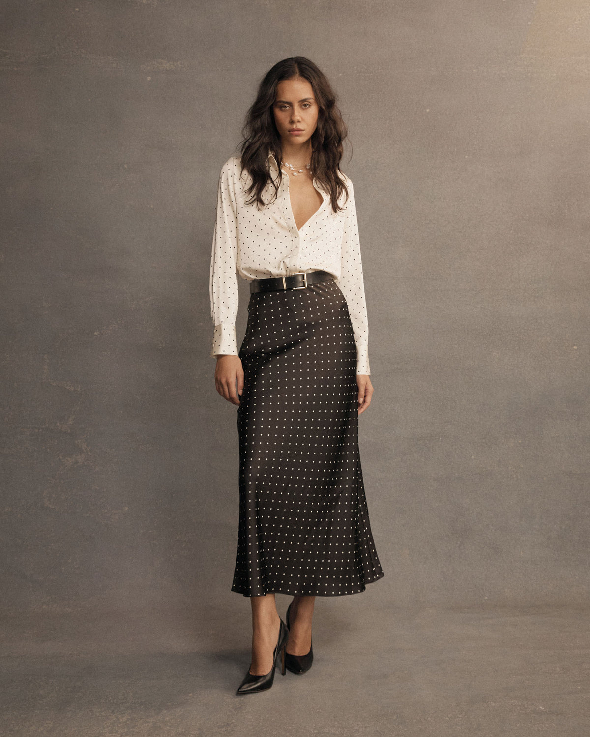 Courtney Bias Satin Skirt in black white dot — alternate view