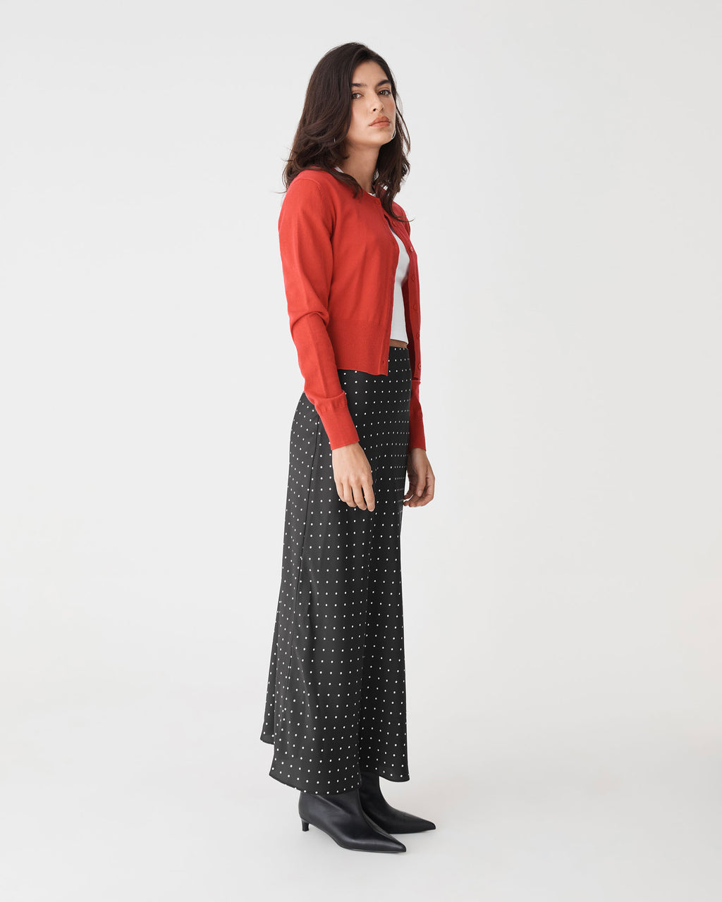 Courtney Bias Satin Skirt in black white dot — side view