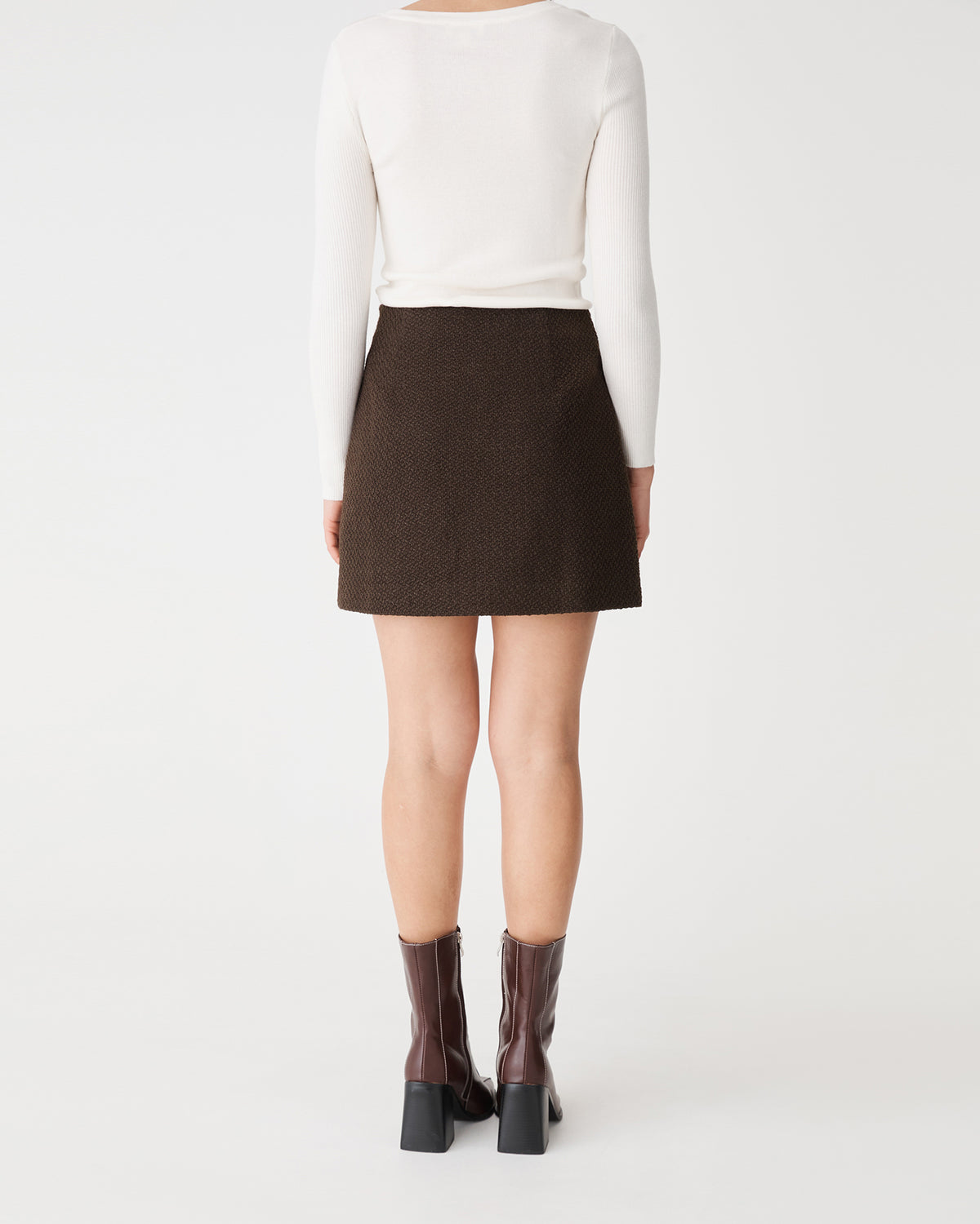 Aubery Tweed Mini Skirt in chocolate — back view
