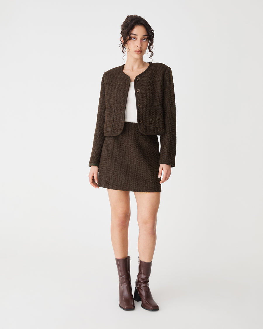 Aubery Tweed Mini Skirt in chocolate — full-length view