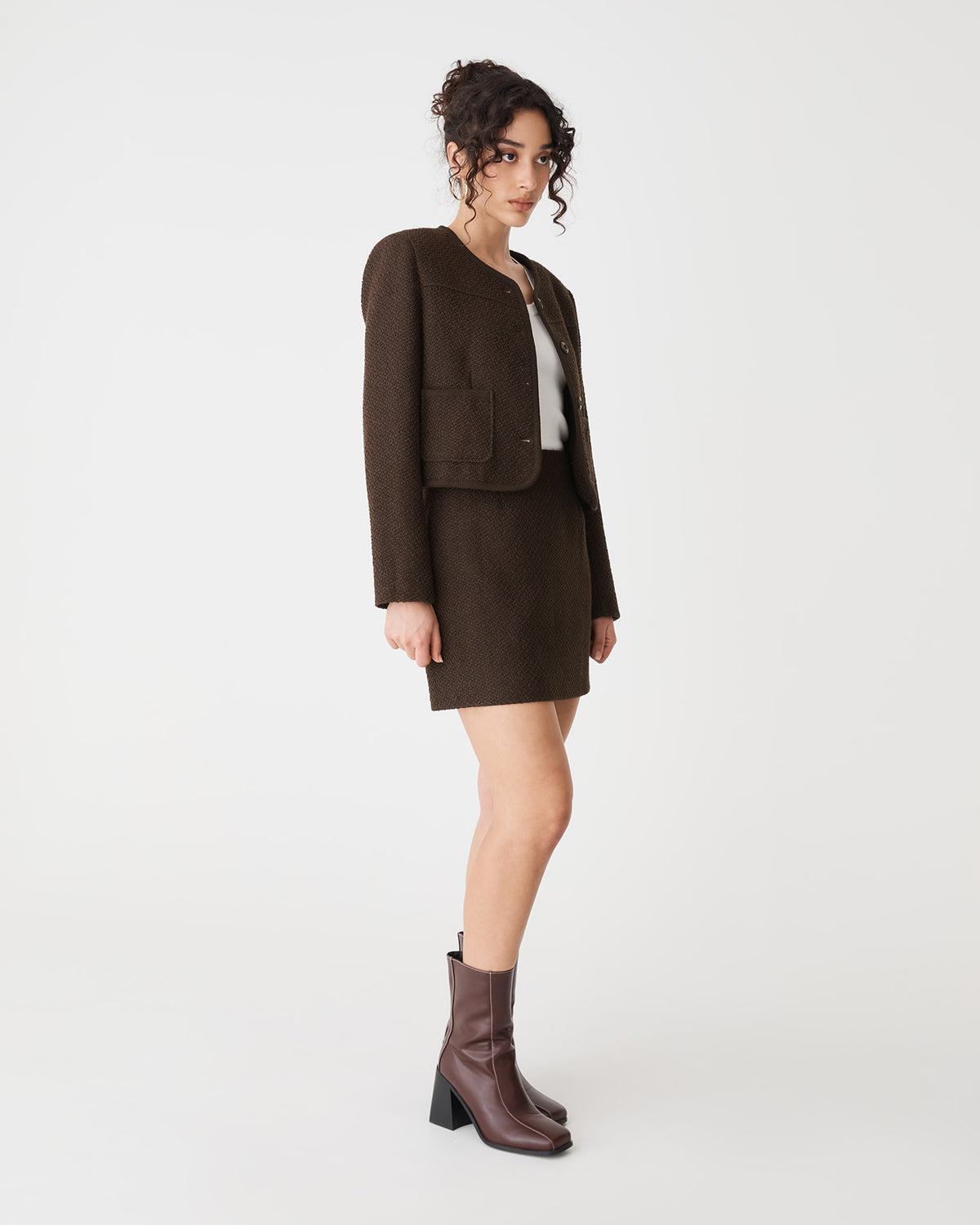 Aubery Tweed Mini Skirt in chocolate — side view