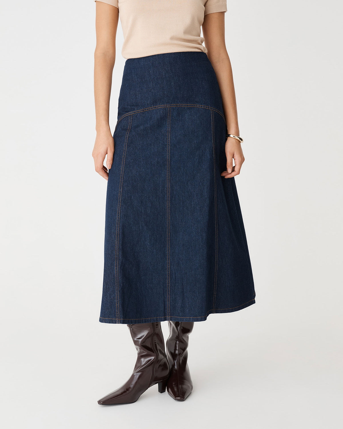 Nancy A-Line Denim Skirt in dark denim — close-up view