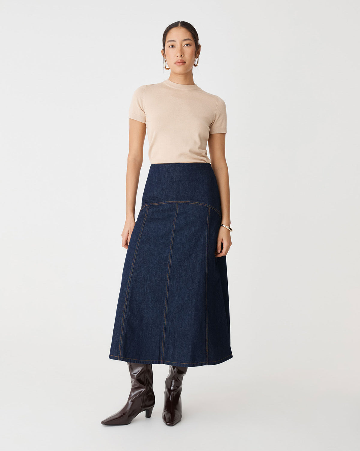 Nancy A-Line Denim Skirt in dark denim — full-length view