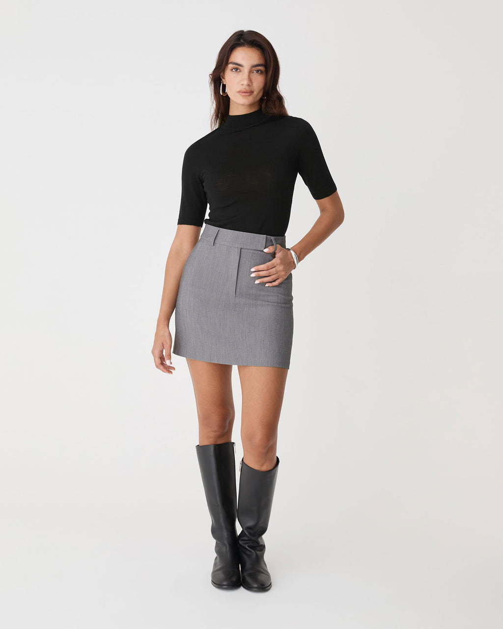 Nikki Straight Mini Skirt in melange grey — full-length view