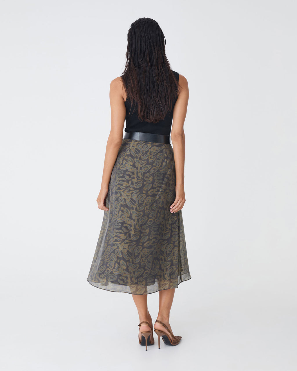 Imogen Printed Panel Skirt in olive abstract — back view