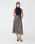 Imogen Printed Panel Skirt in olive abstract — full-length view