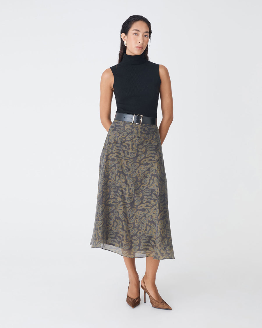 Imogen Printed Panel Skirt in olive abstract — full-length view
