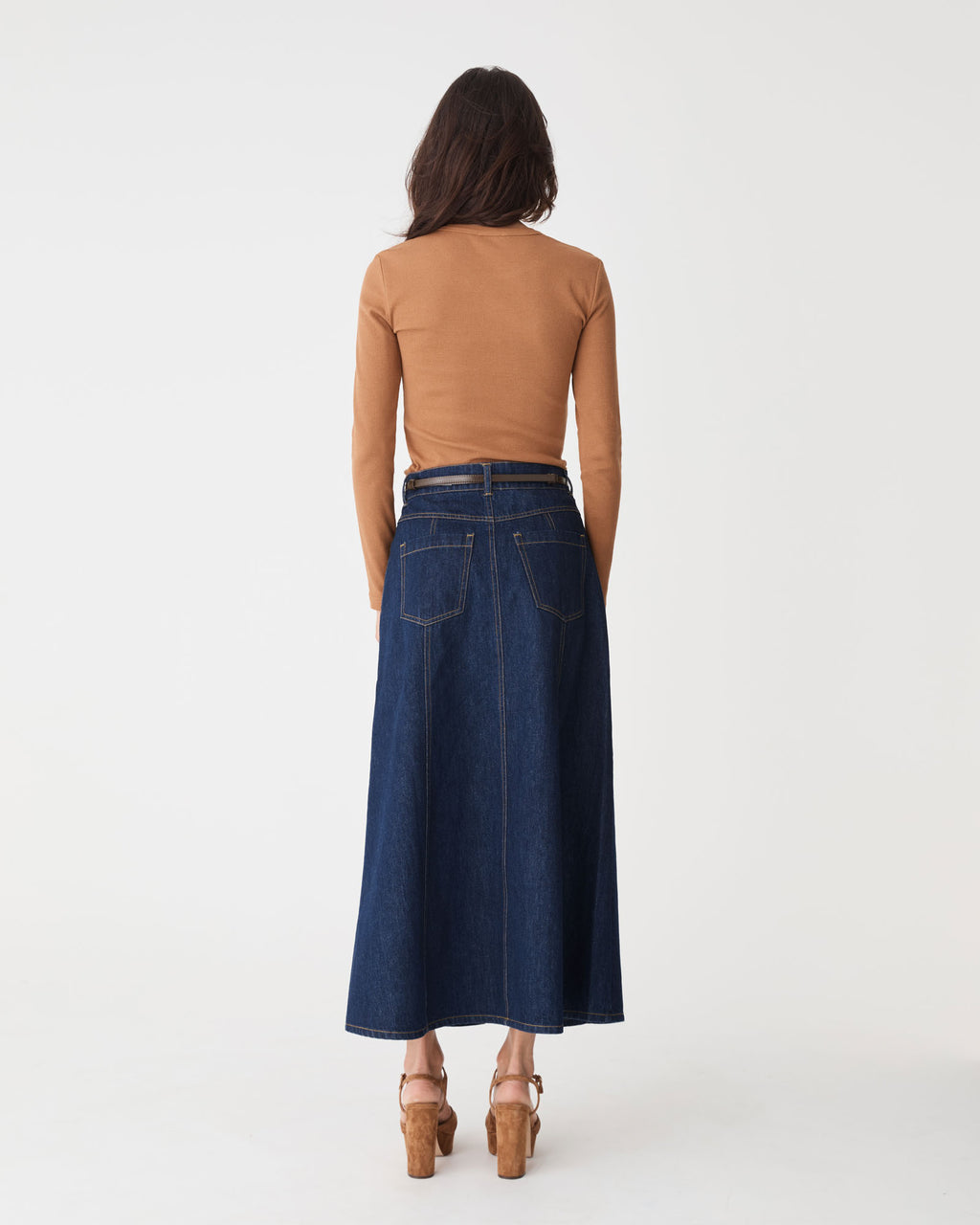 Nancy Panelled Denim Skirt in dark denim — back view