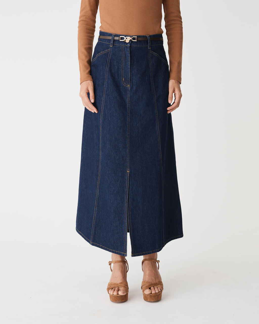 Nancy Panelled Denim Skirt in dark denim — close-up view