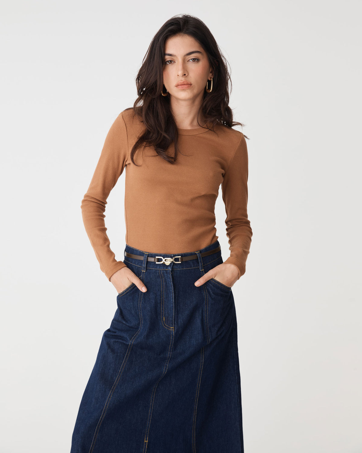 Nancy Panelled Denim Skirt in dark denim — close-up view 2