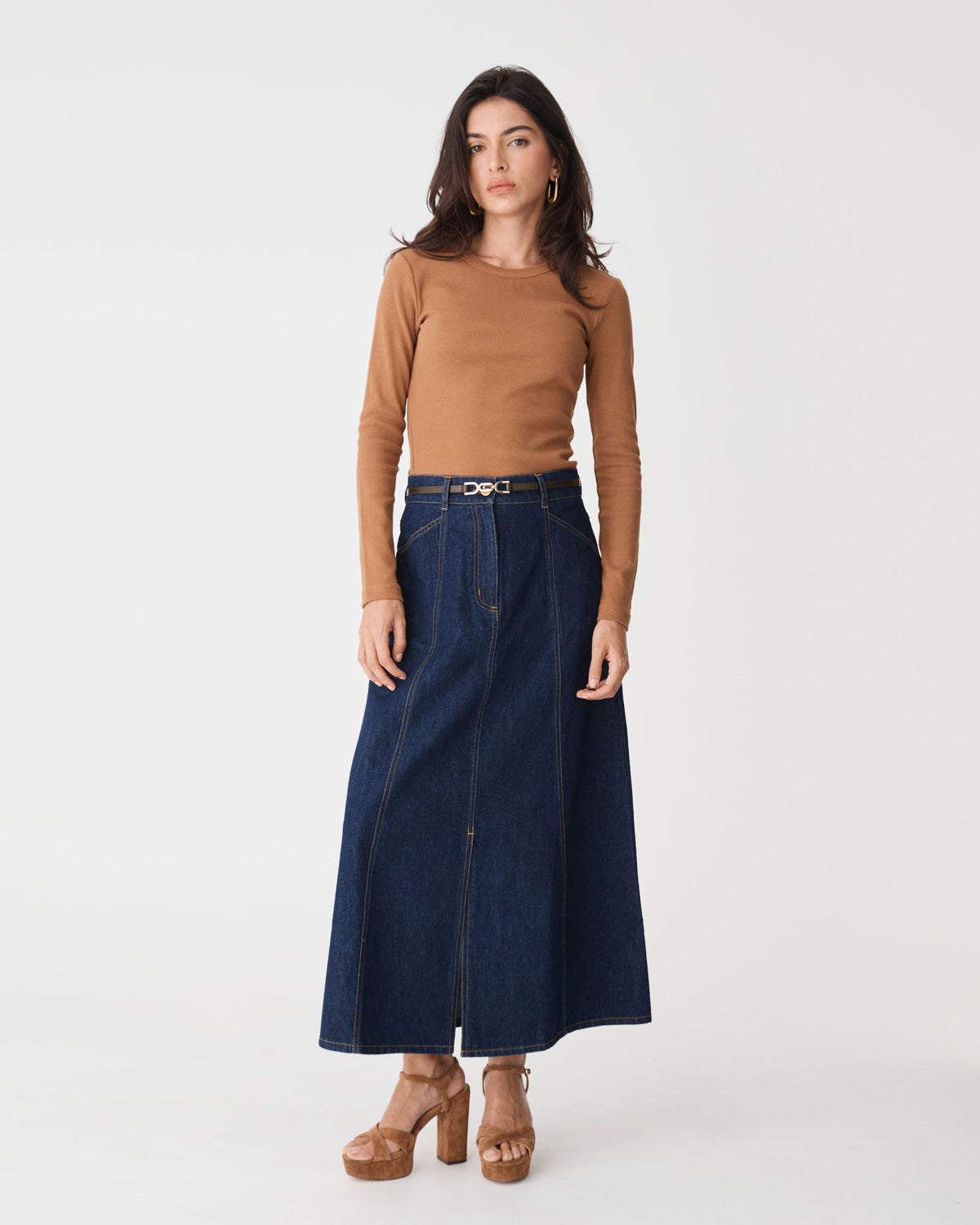 Nancy Panelled Denim Skirt in dark denim — full-length view