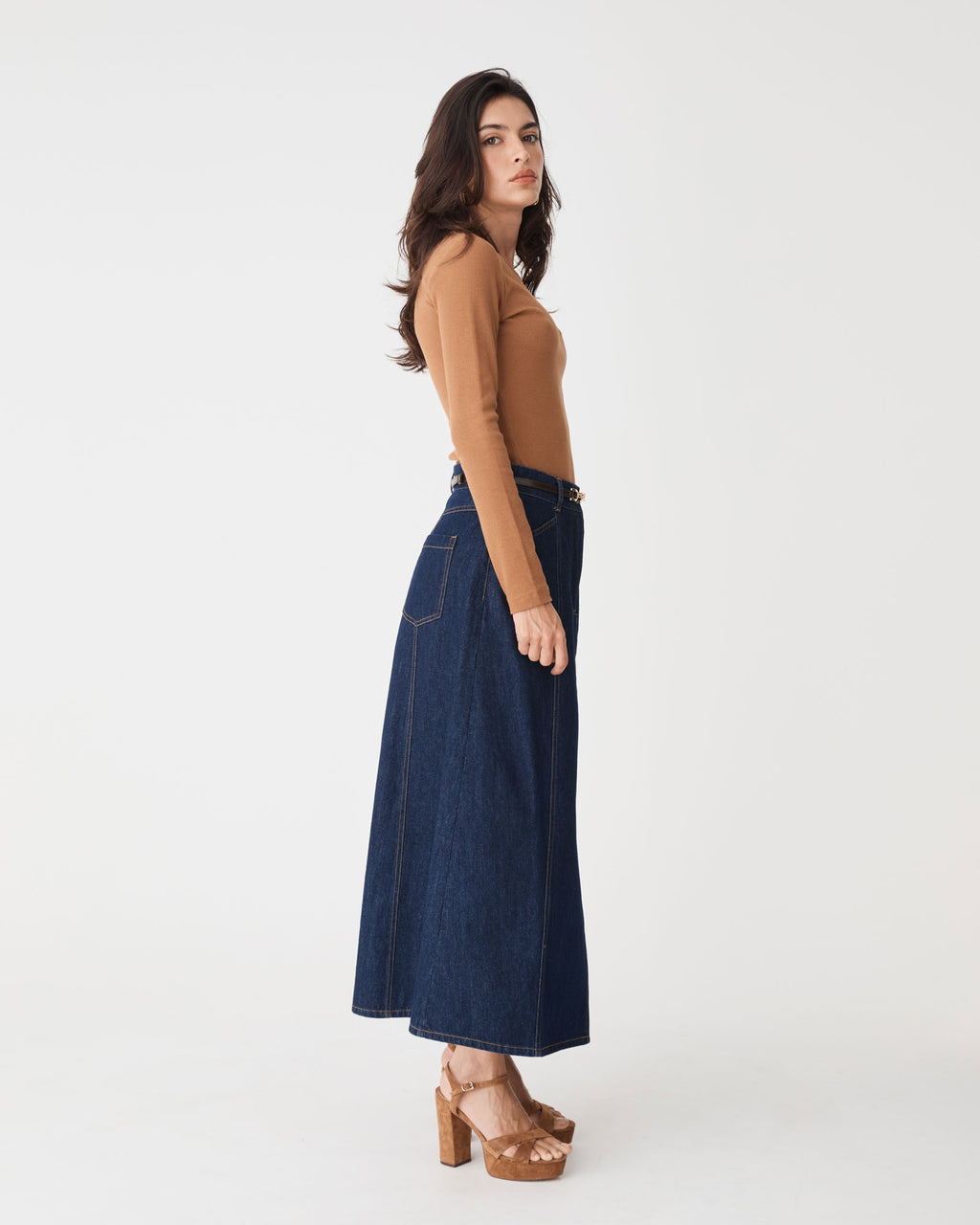 Nancy Panelled Denim Skirt in dark denim — side view