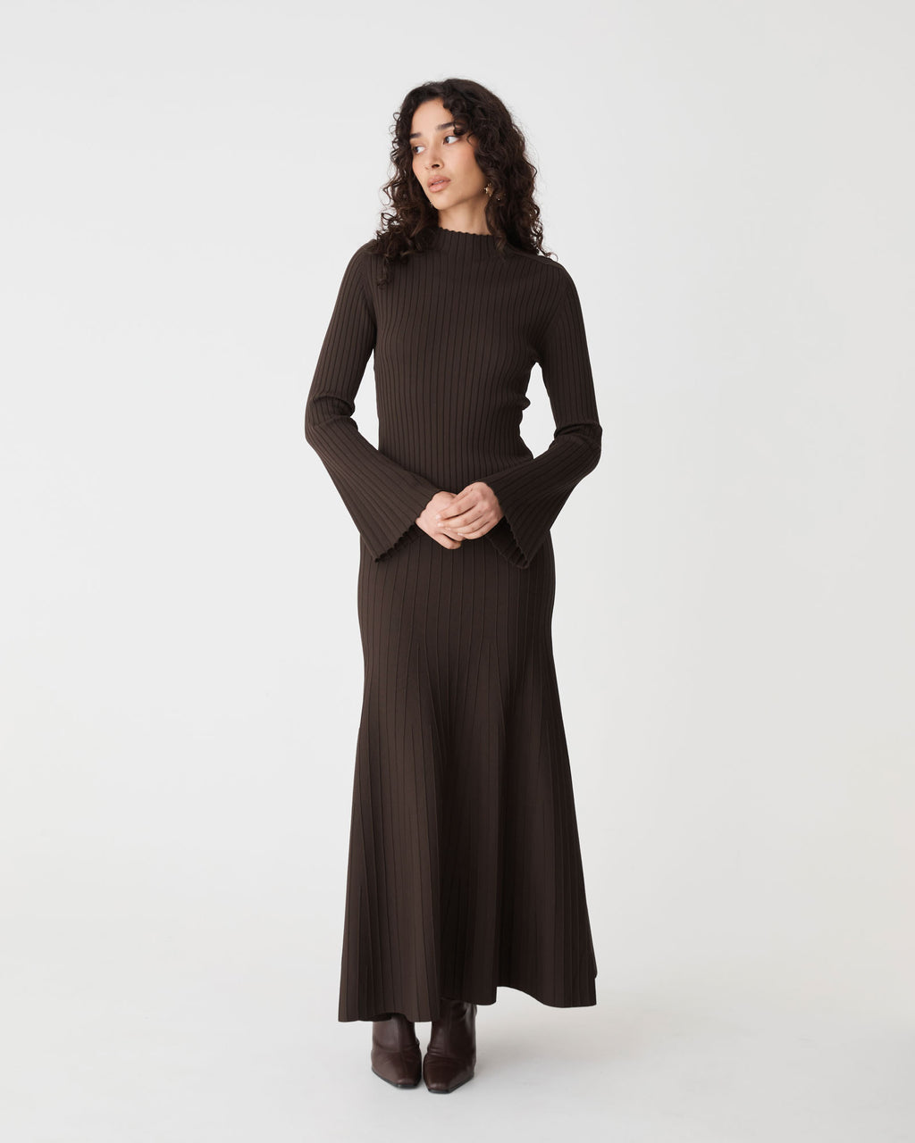 Nevaeh A-Line Knit Skirt in chocolate — full-length view