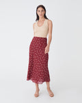 Lottie Printed Skirt in deep red spot — full-length view