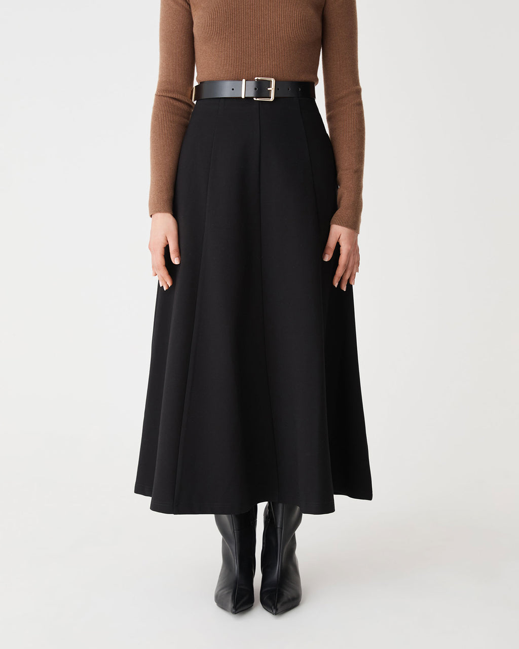 Janice A-Line Ponte Skirt in black — close-up view
