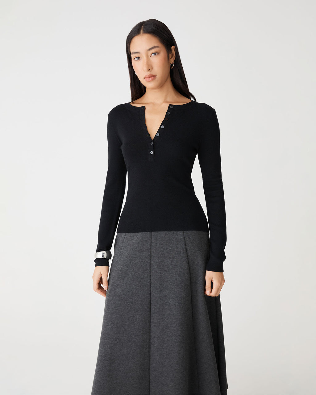 Janice A-Line Ponte Skirt in charcoal marle — close-up view 2