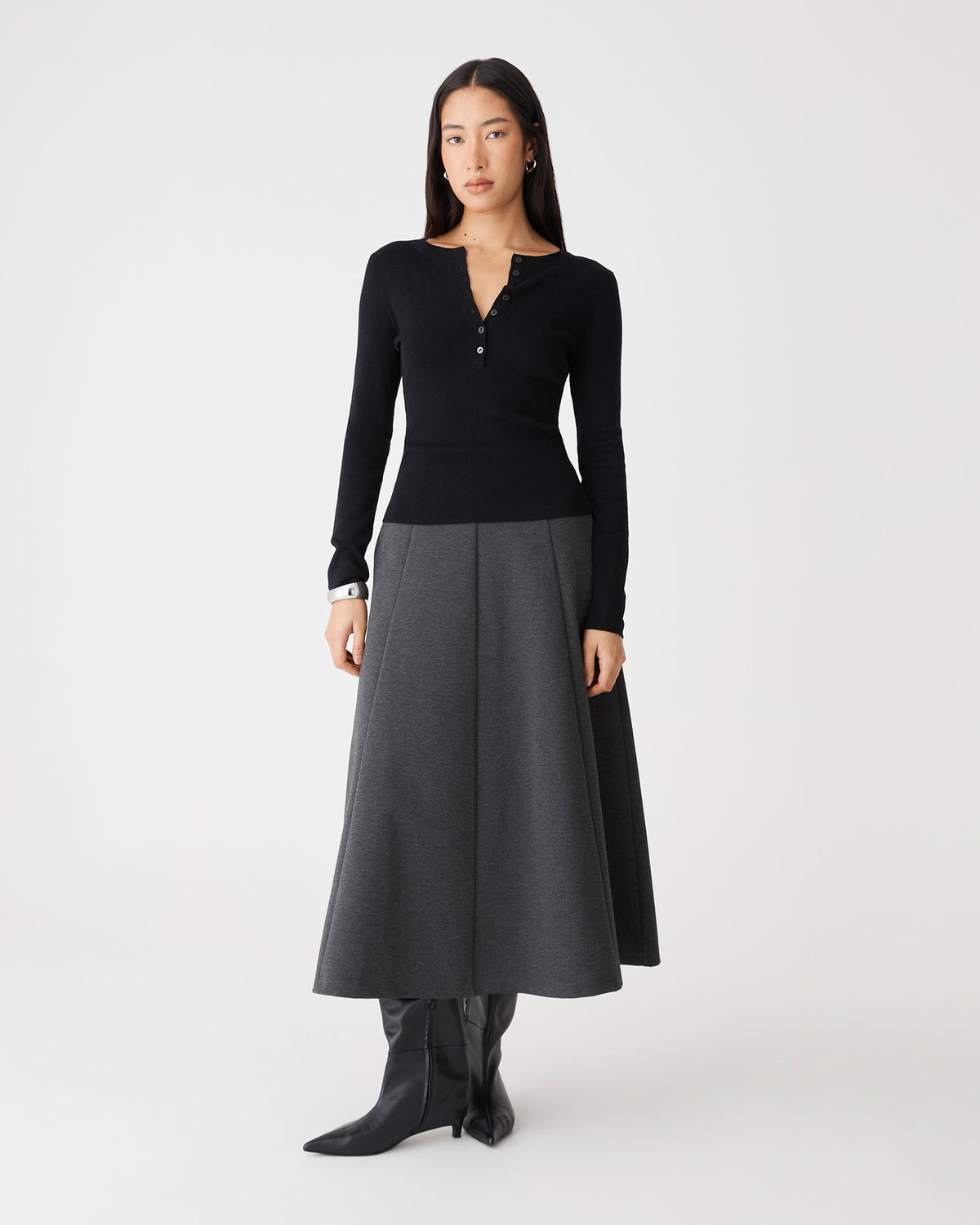 Janice A-Line Ponte Skirt in charcoal marle — full-length view