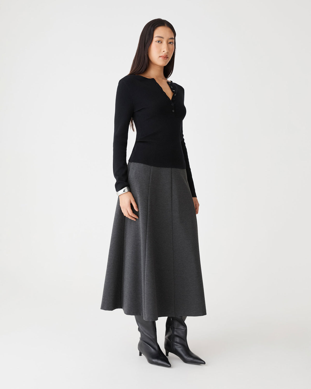 Janice A-Line Ponte Skirt in charcoal marle — side view
