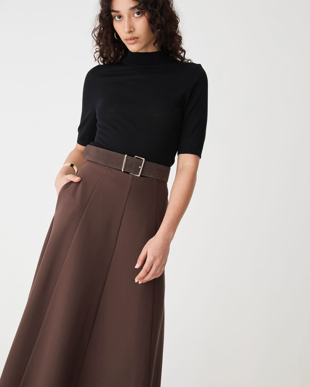 Janice A-Line Ponte Skirt in chocolate — close-up view