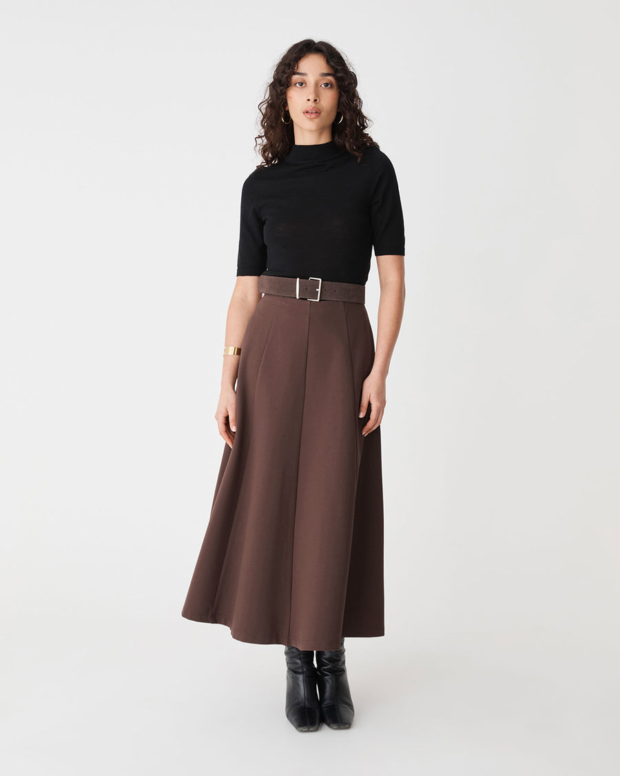 Janice A-Line Ponte Skirt in chocolate — full-length view
