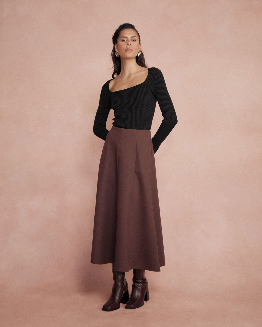 Janice A-Line Ponte Skirt in chocolate — full-length view 3