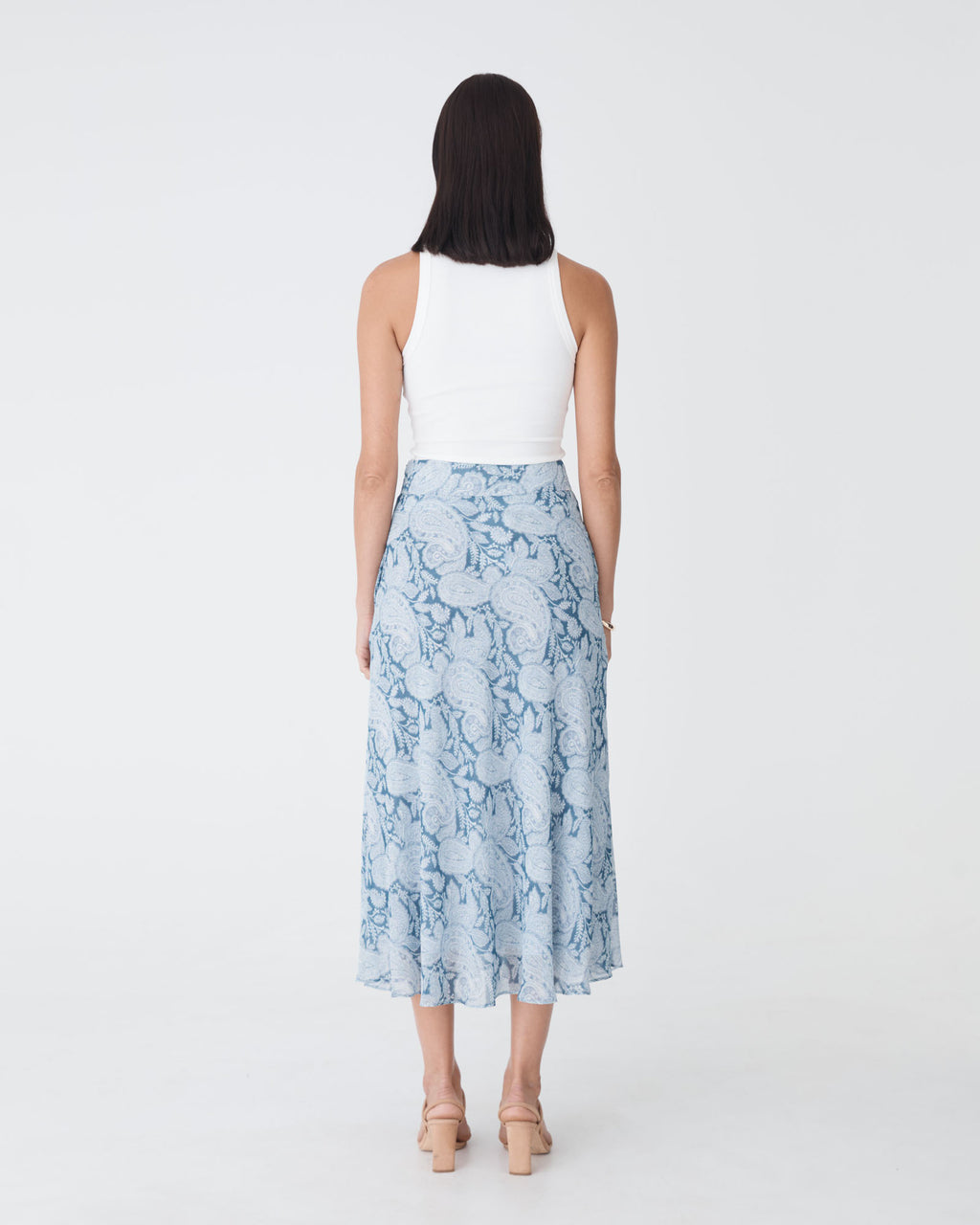 Angie A-Line Skirt in blue paisley — back view
